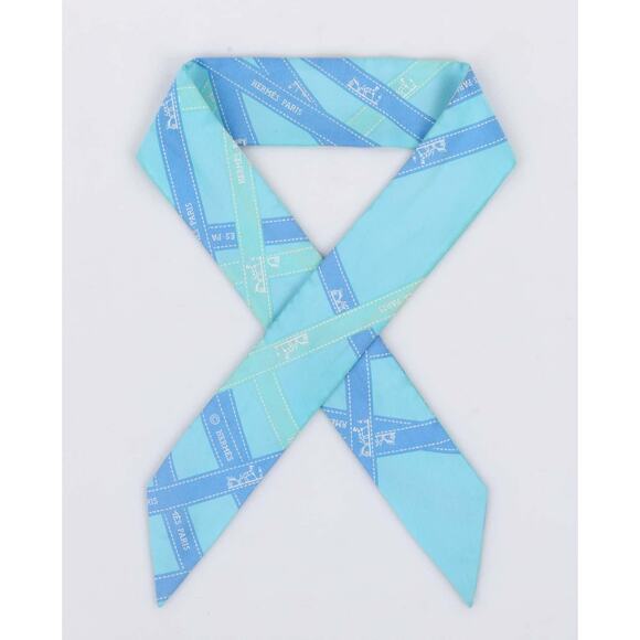 Hermes Twilly Turquoise Bolduc Ribbon Print Silk Skinny Scarf Neck Tie - OS - Picture 3 of 5